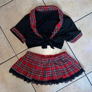 Women Schoolgirl Costume /Cosplay Lingerie Set with Tie Top and Mini Black Skirt